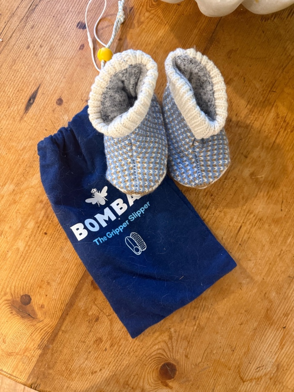 Bombas Blue and Cream Knit Baby Gripper Slippers